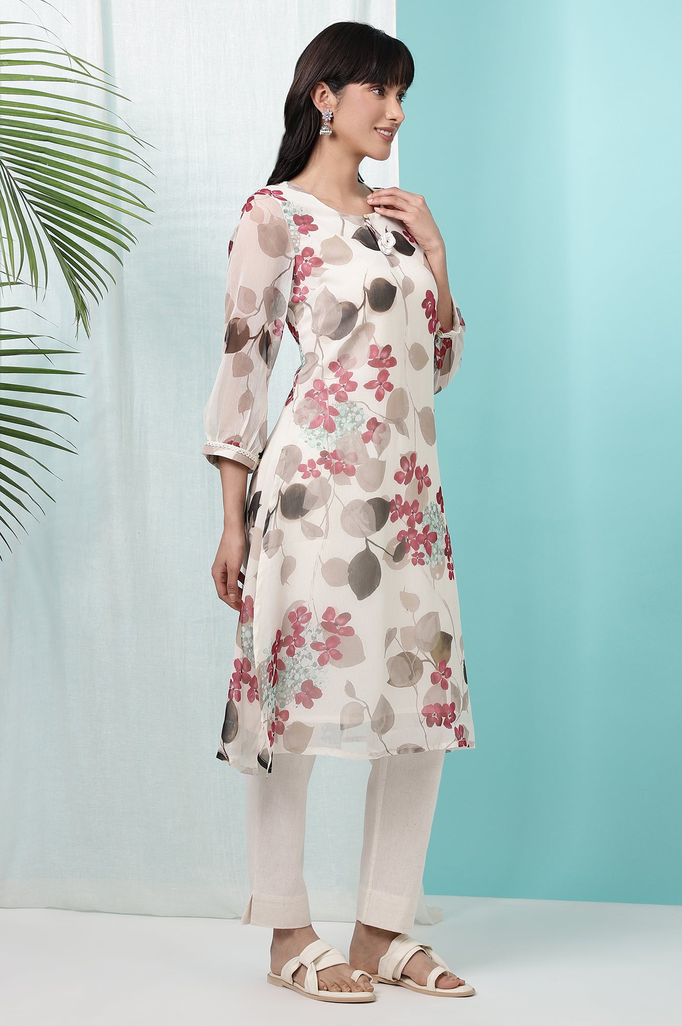 Off-White Floral Printed Chiffon Straight Kurta with Lace