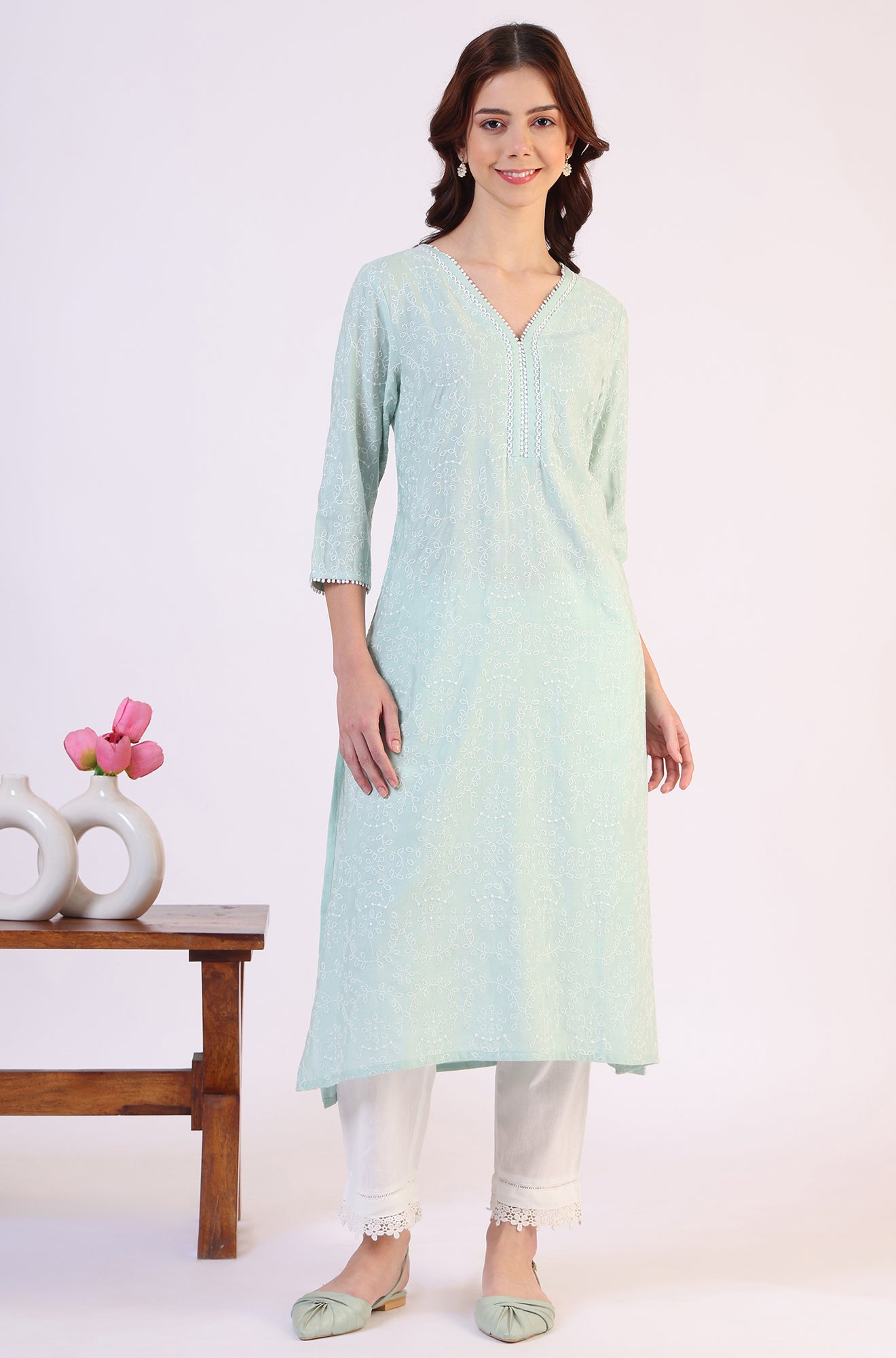 Blue Schiffli Embroidered Straight Rayon Kurta