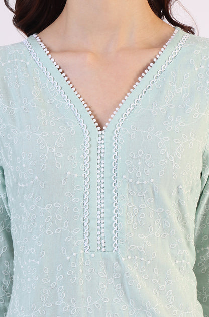 Blue Schiffli Embroidered Straight Rayon Kurta