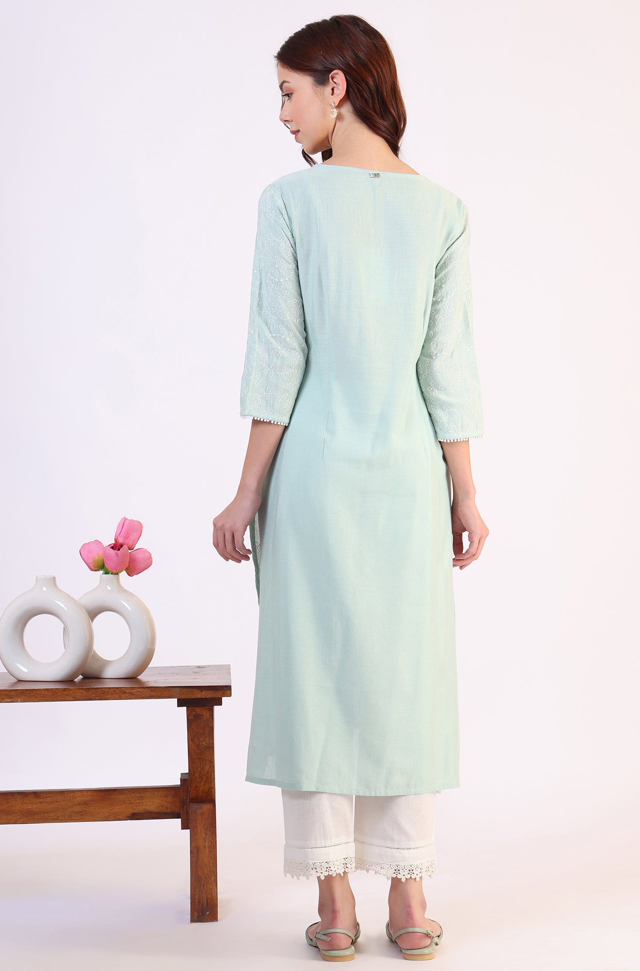 Blue Schiffli Embroidered Straight Rayon Kurta