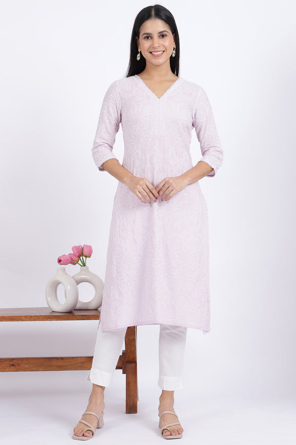 Purple Embroidered Straight Rayon Kurta