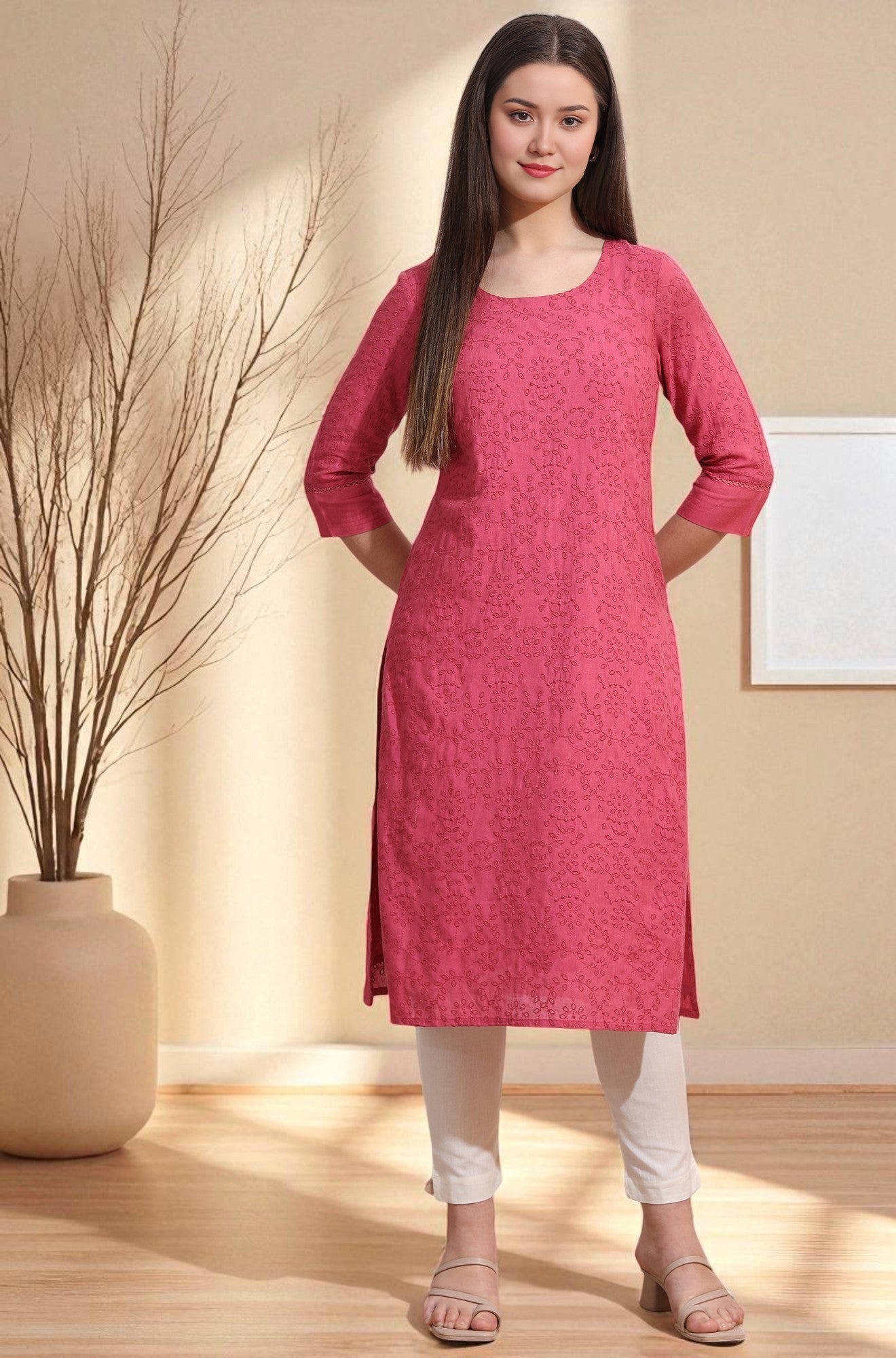 Pink Floral Schiffli Embroidered Straight Kurta in Round Neck