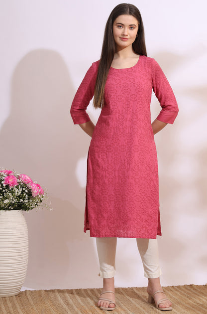 Pink Floral Schiffli Embroidered Straight Kurta in Round Neck