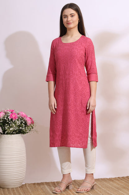Pink Floral Schiffli Embroidered Straight Kurta in Round Neck