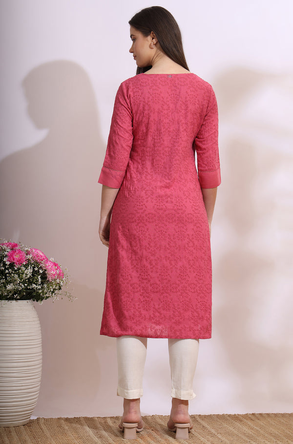 Pink Floral Schiffli Embroidered Straight Kurta in Round Neck