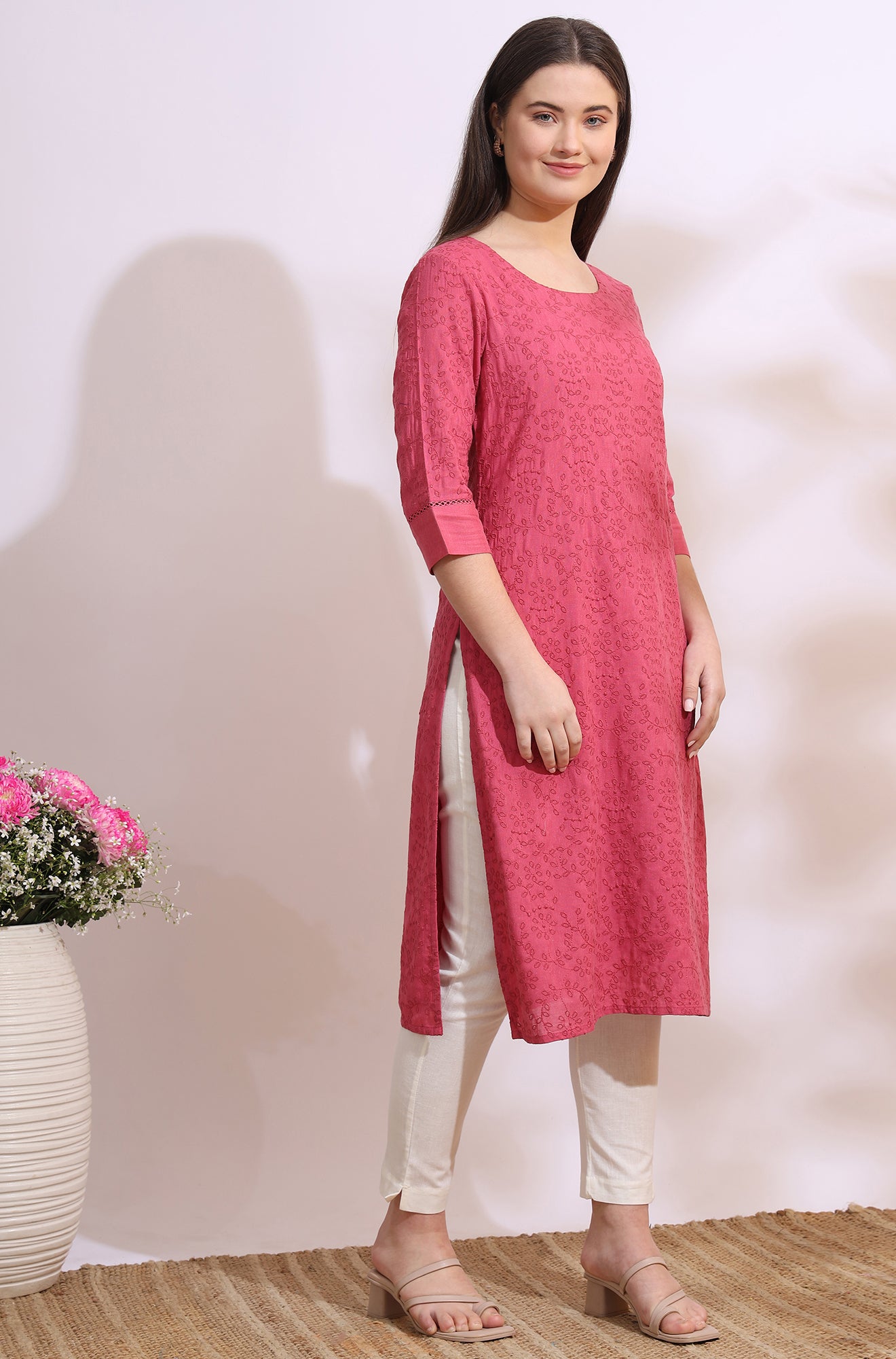 Pink Floral Schiffli Embroidered Straight Kurta in Round Neck