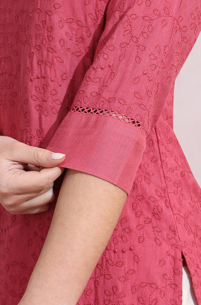 Pink Floral Schiffli Embroidered Straight Kurta in Round Neck