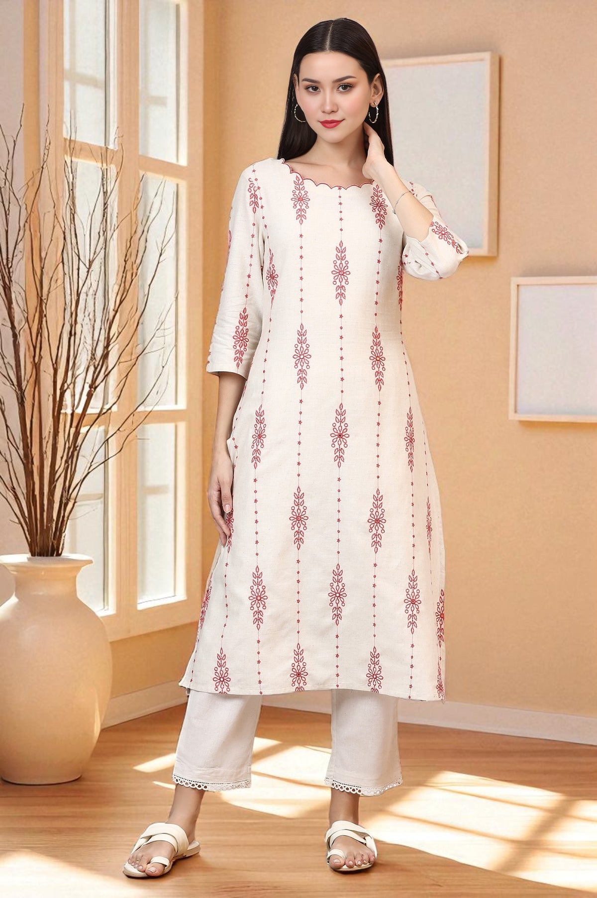 Light Beige Thread Embroidered Cotton Flax Straight Kurta - XS