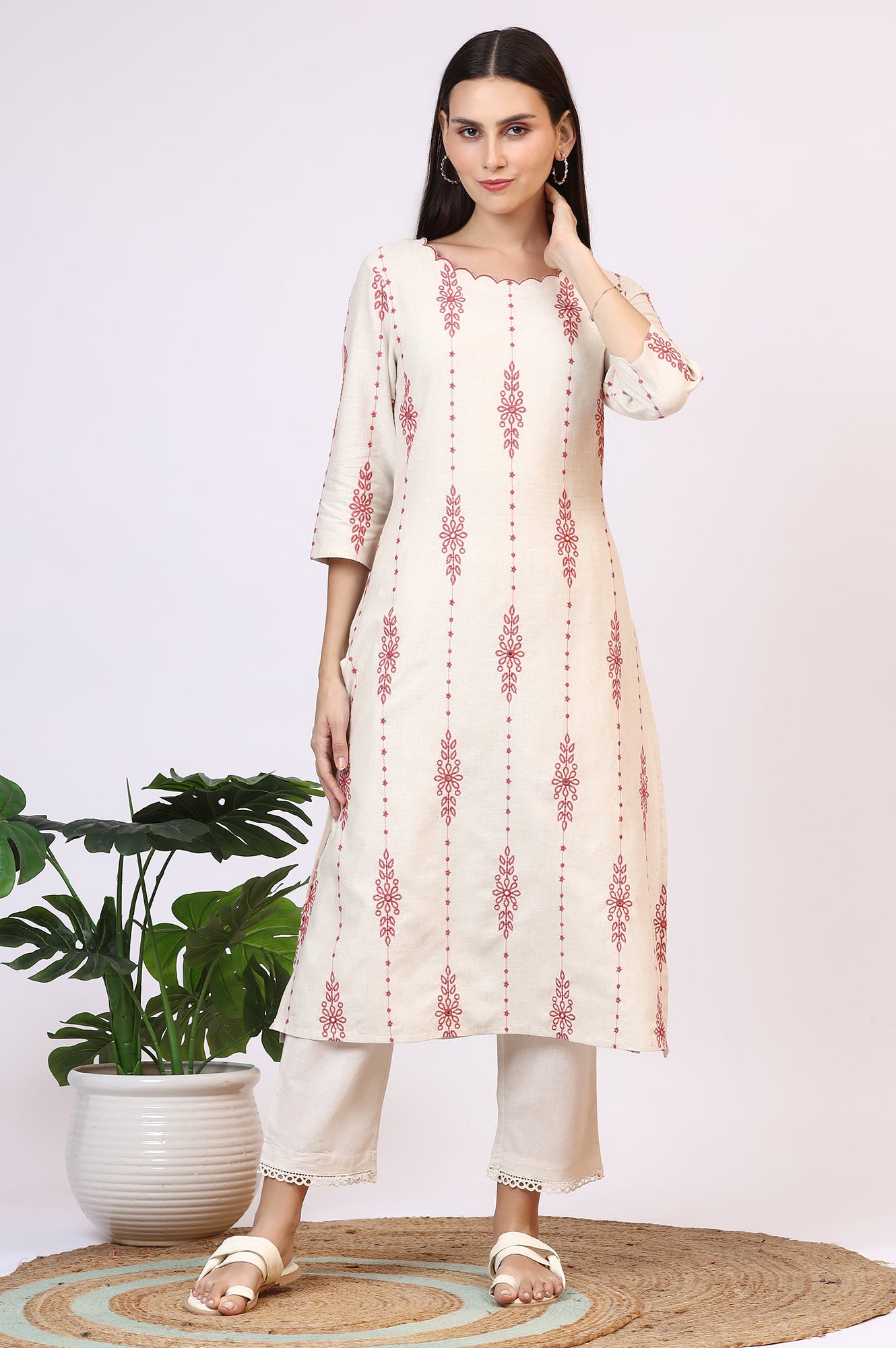 Light Beige Thread Embroidered Cotton Flax Straight Kurta