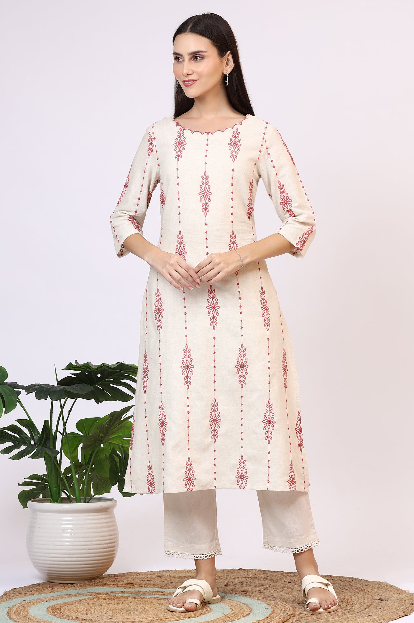 Light Beige Thread Embroidered Cotton Flax Straight Kurta