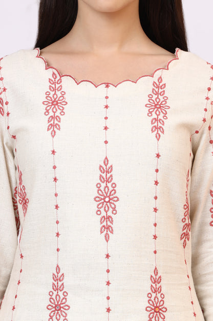 Light Beige Thread Embroidered Cotton Flax Straight Kurta