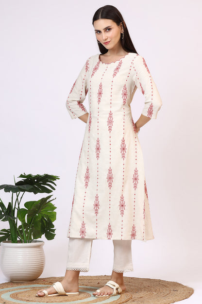 Light Beige Thread Embroidered Cotton Flax Straight Kurta