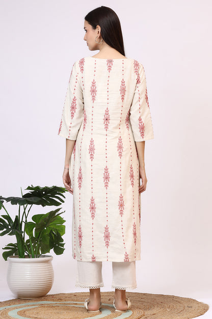 Light Beige Thread Embroidered Cotton Flax Straight Kurta