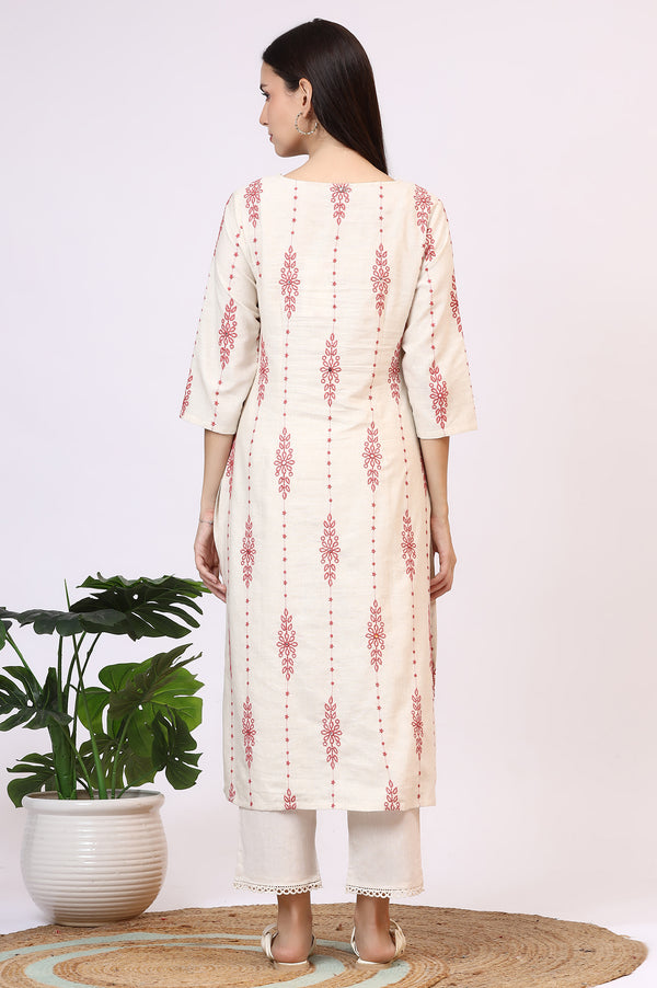 Light Beige Thread Embroidered Cotton Flax Straight Kurta