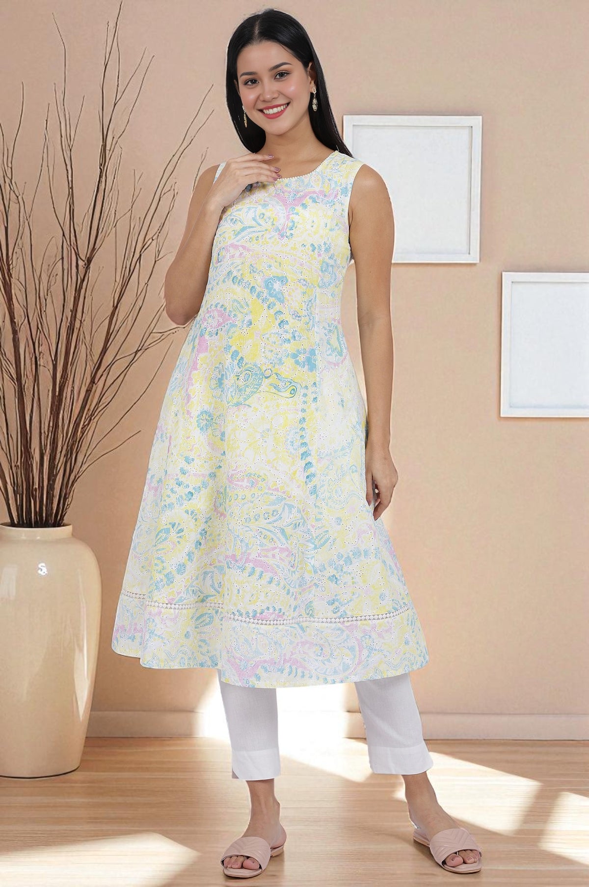 Multicolor Printed Flared Pure Cotton Kurta - XS