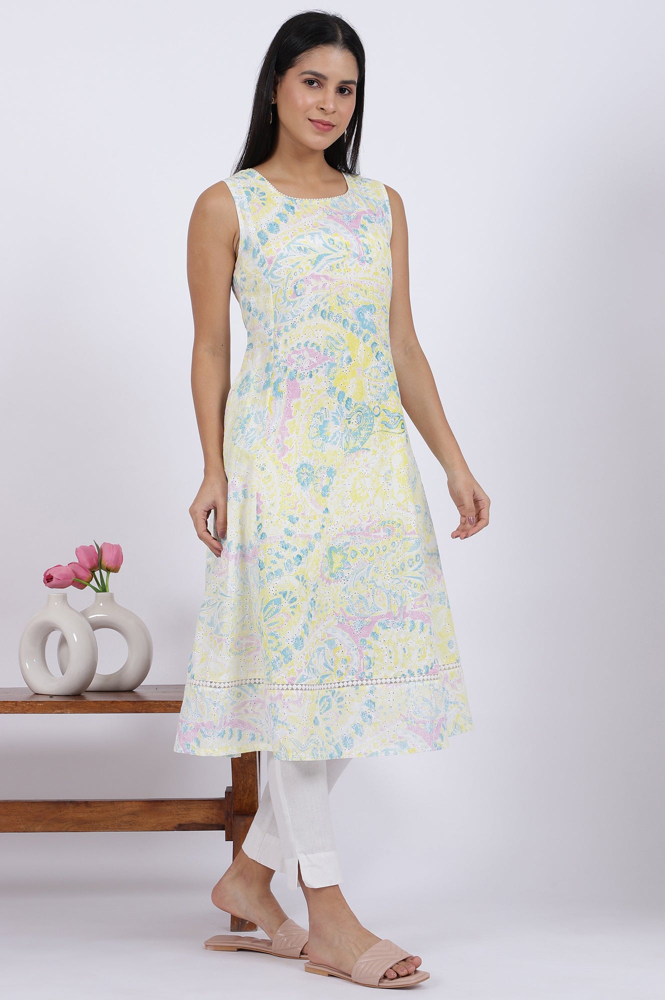 Multicolor Printed Flared Pure Cotton Kurta