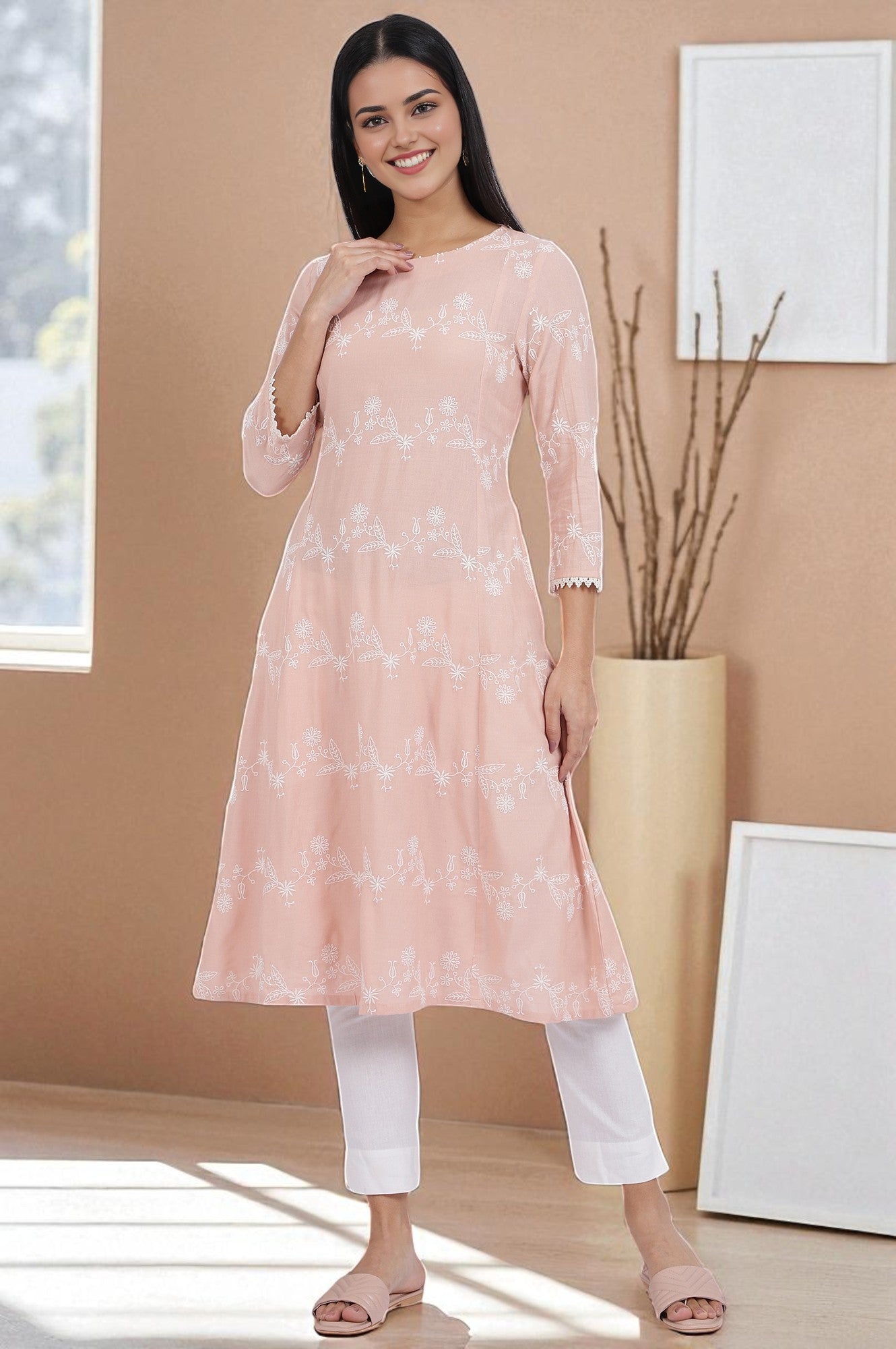 Pink Embroidered Flared Rayon Kurta