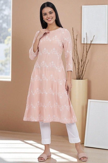 Pink Embroidered Flared Rayon Kurta
