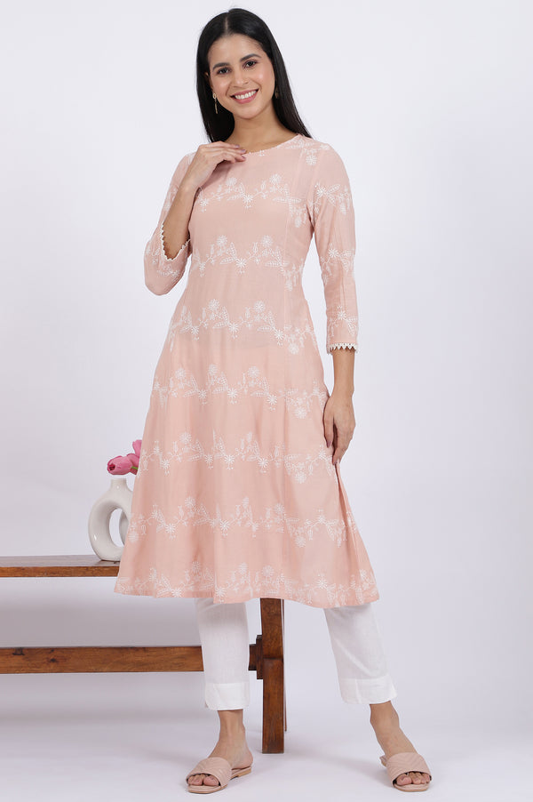 Pink Embroidered Flared Rayon Kurta