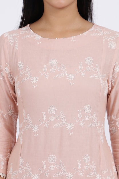 Pink Embroidered Flared Rayon Kurta