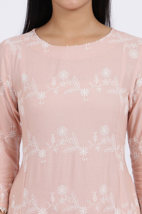 Pink Embroidered Flared Rayon Kurta