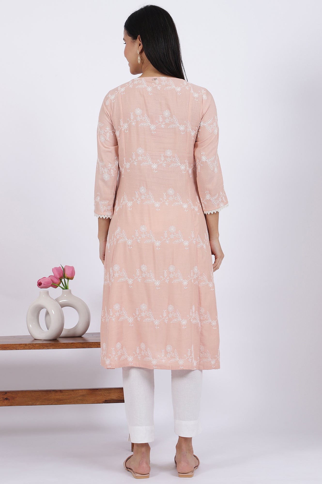 Pink Embroidered Flared Rayon Kurta