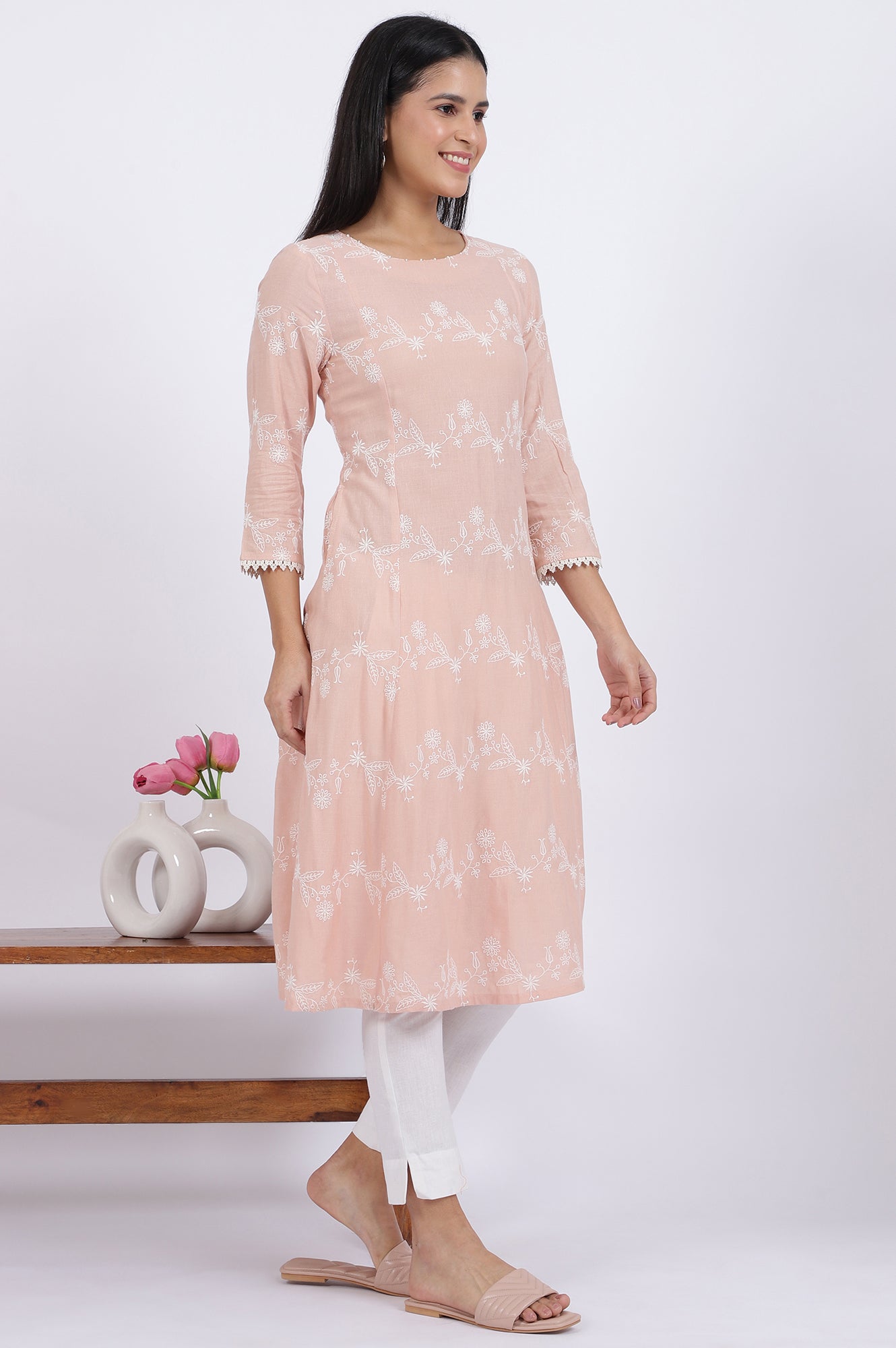 Pink Embroidered Flared Rayon Kurta