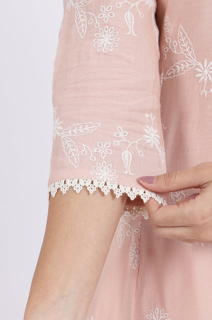 Pink Embroidered Flared Rayon Kurta