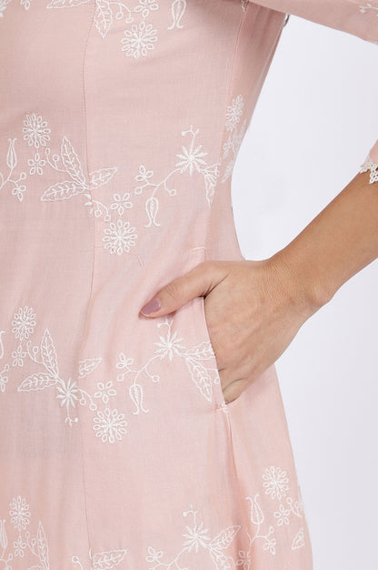 Pink Embroidered Flared Rayon Kurta