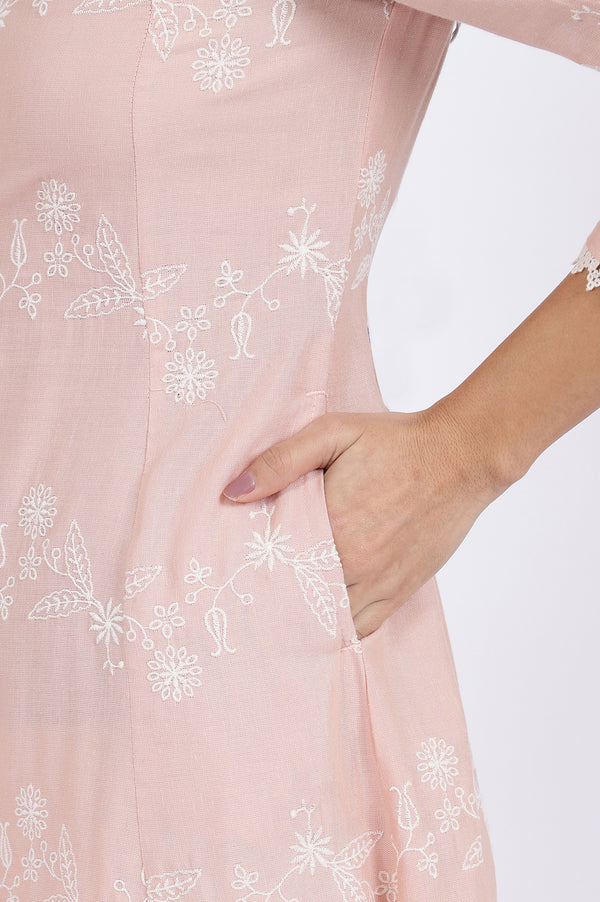 Pink Embroidered Flared Rayon Kurta