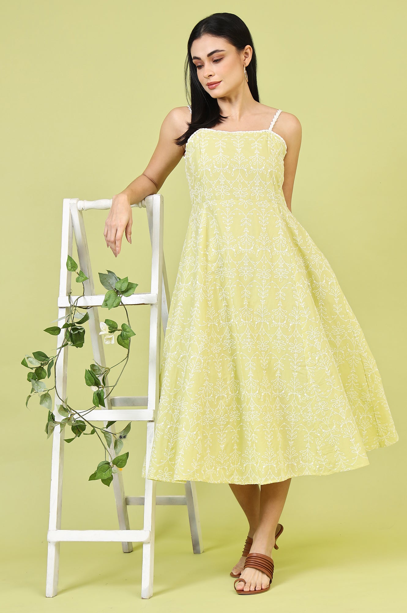 Lime Green Schiffli Embroidered Pure Cotton Flared Spaghetti Dress