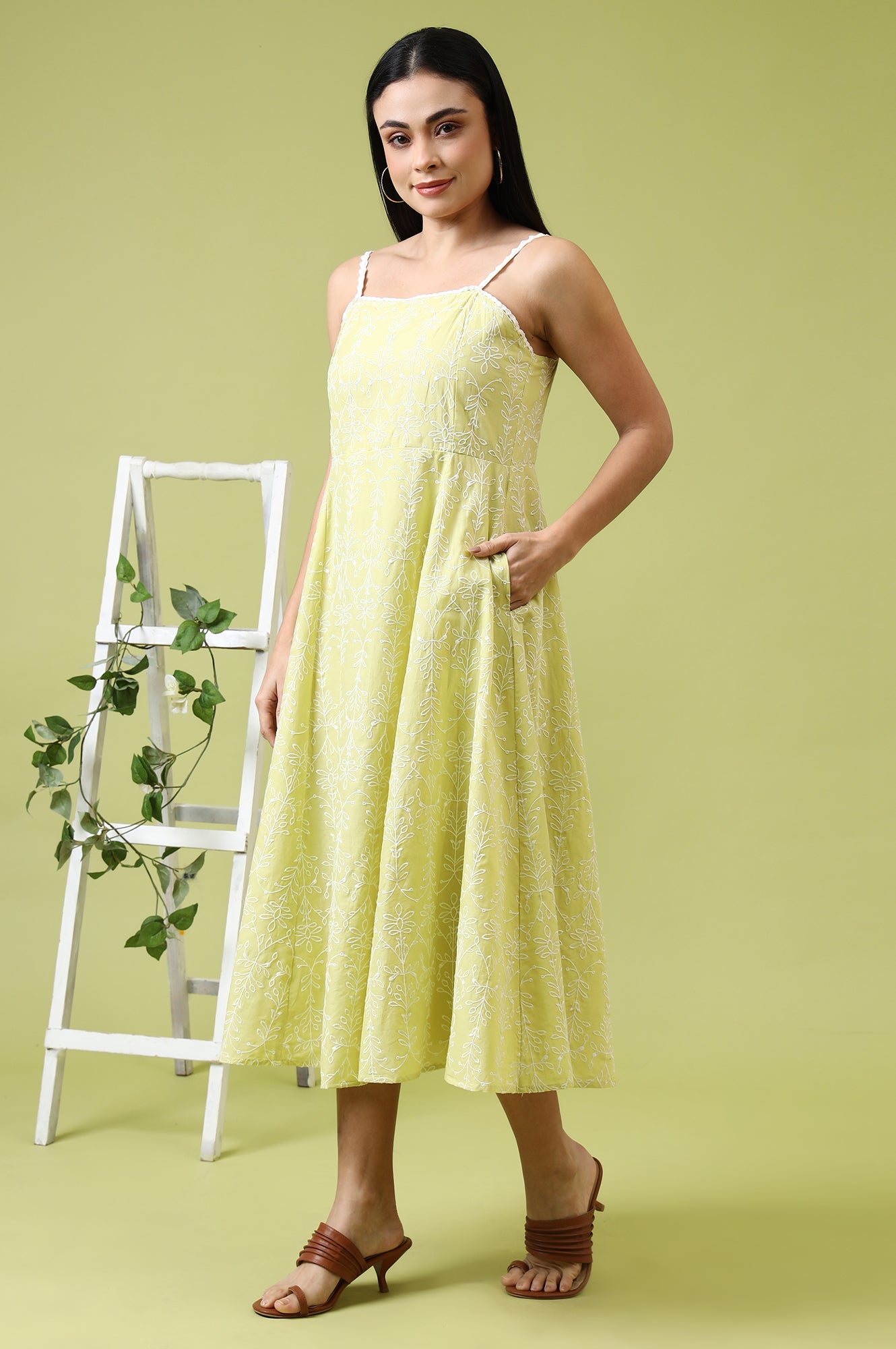 Lime Green Schiffli Embroidered Pure Cotton Flared Spaghetti Dress