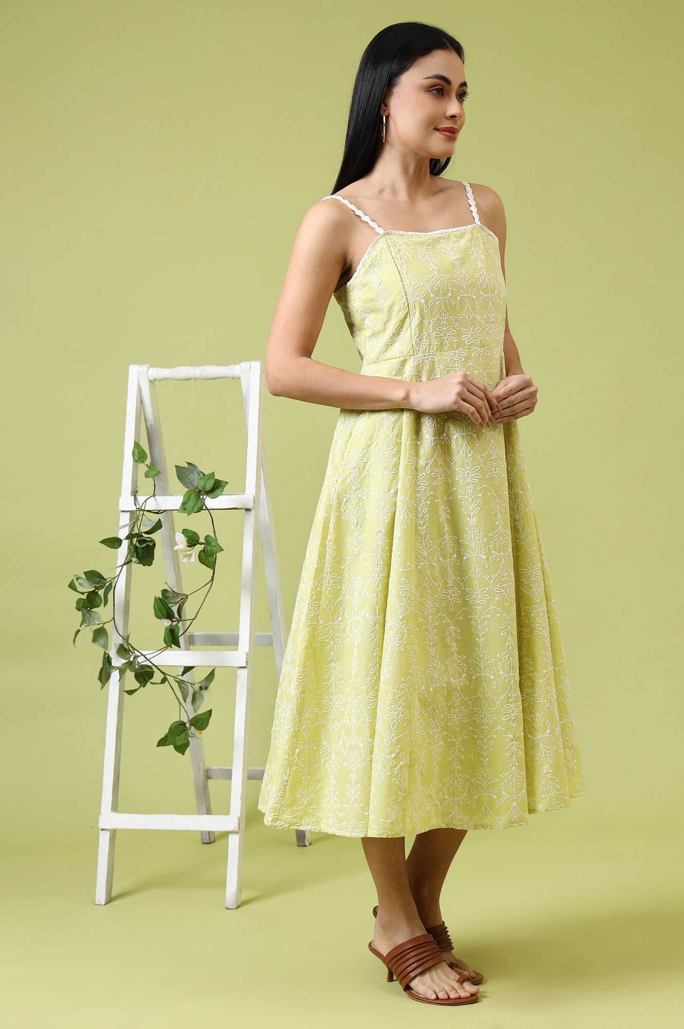 Lime Green Schiffli Embroidered Pure Cotton Flared Spaghetti Dress
