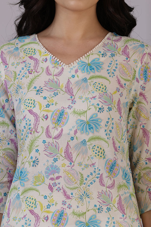 Beige Floral Printed Pure Cotton Straight Kurta and Slim Pant Set