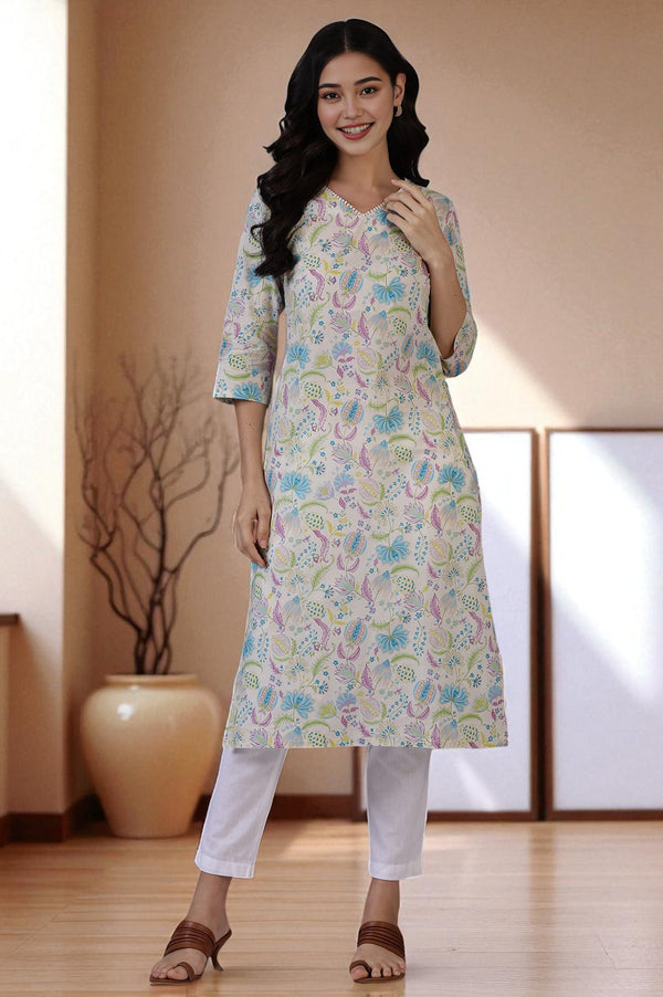 Light Beige Floral Printed Pure Cotton Straight Kurta