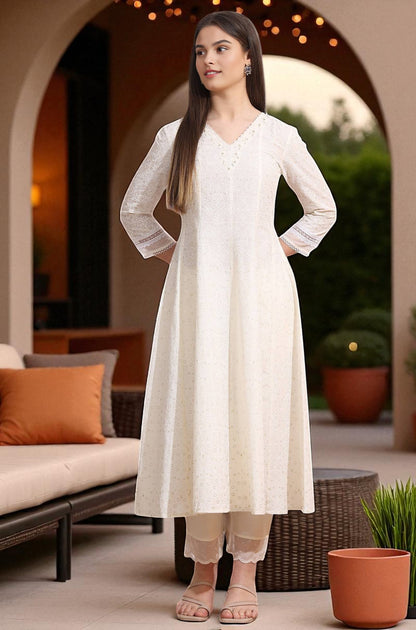 White Glitter Printed Pure Cotton Anarkali Kurta with Embroidery