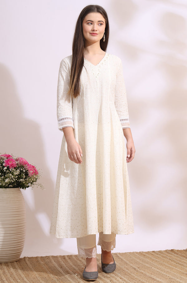 White Glitter Printed Pure Cotton Anarkali Kurta with Embroidery