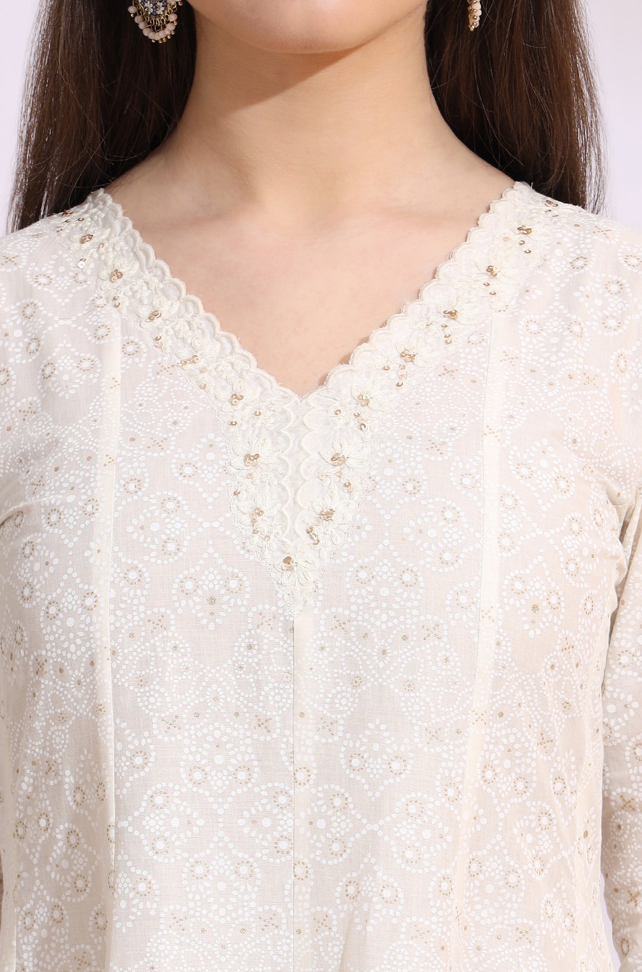 White Glitter Printed Pure Cotton Anarkali Kurta with Embroidery