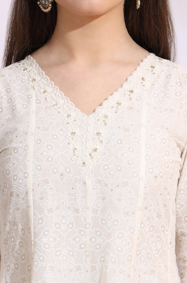 White Glitter Printed Pure Cotton Anarkali Kurta with Embroidery