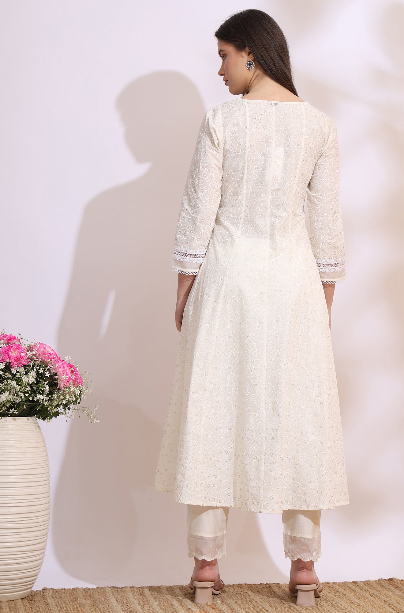 White Glitter Printed Pure Cotton Anarkali Kurta with Embroidery