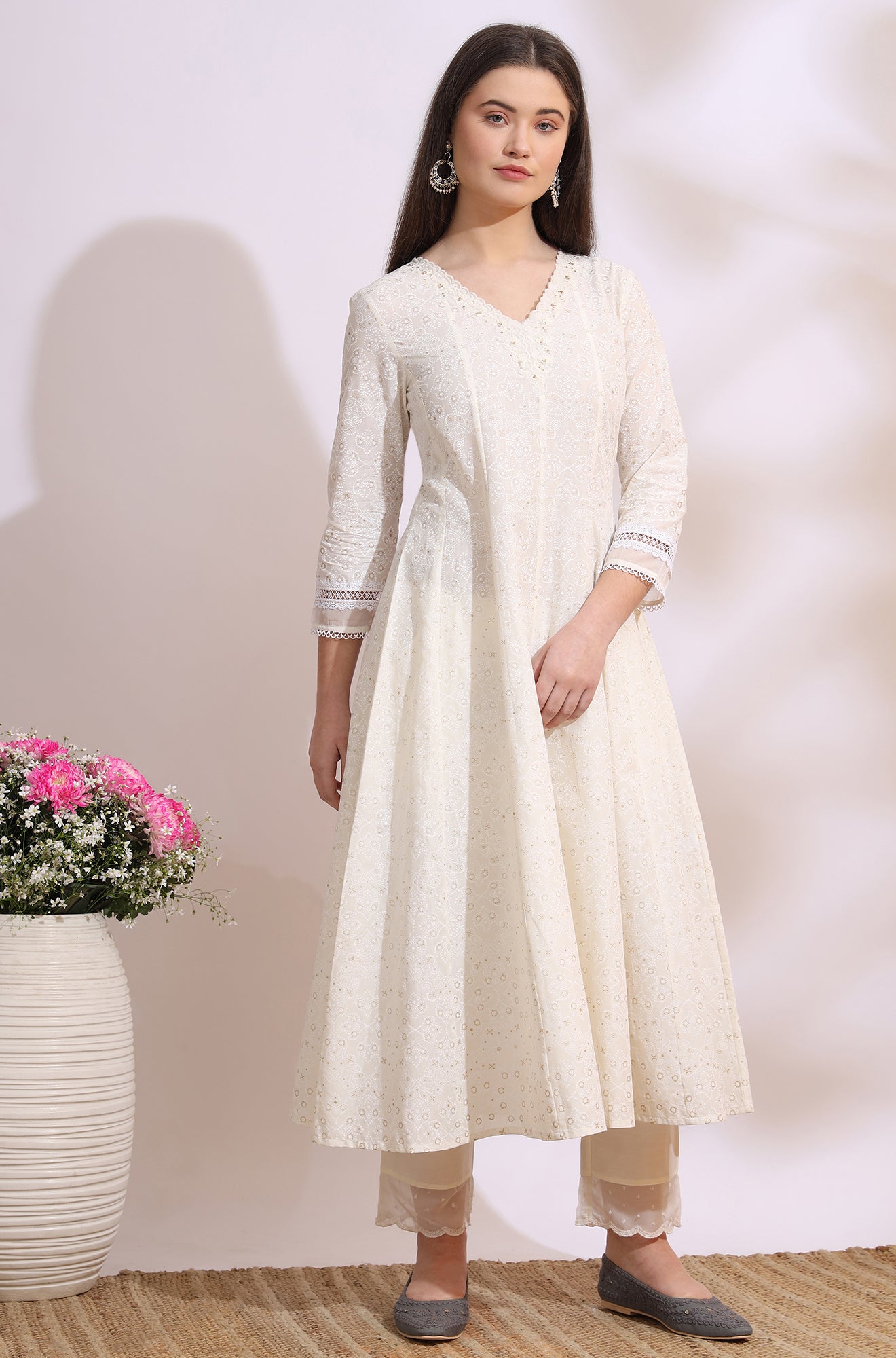 White Glitter Printed Pure Cotton Anarkali Kurta with Embroidery