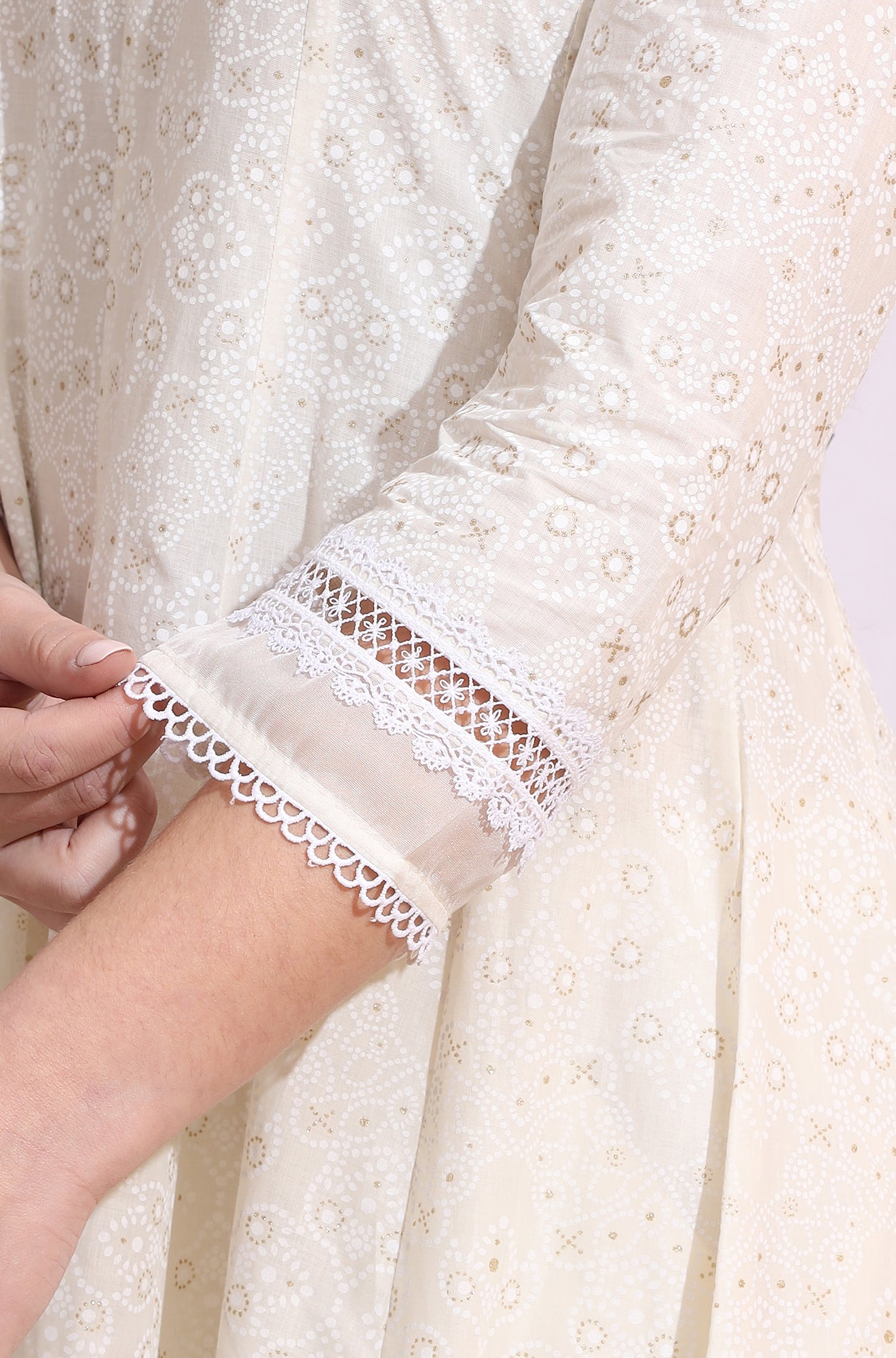 White Glitter Printed Pure Cotton Anarkali Kurta with Embroidery