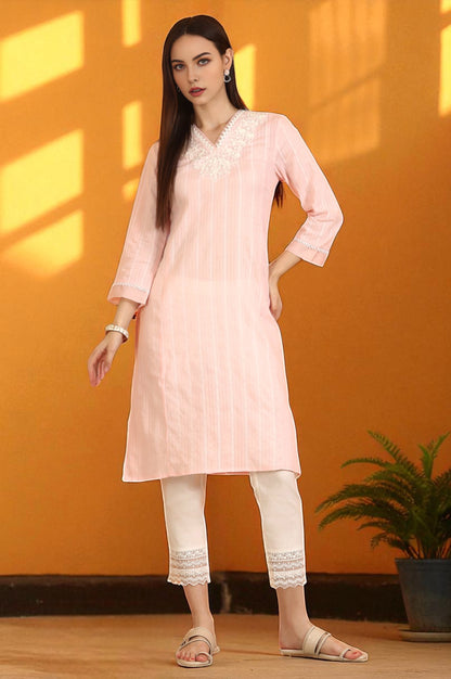 Light Pink Embroidered Cotton Lurex Straight Kurta