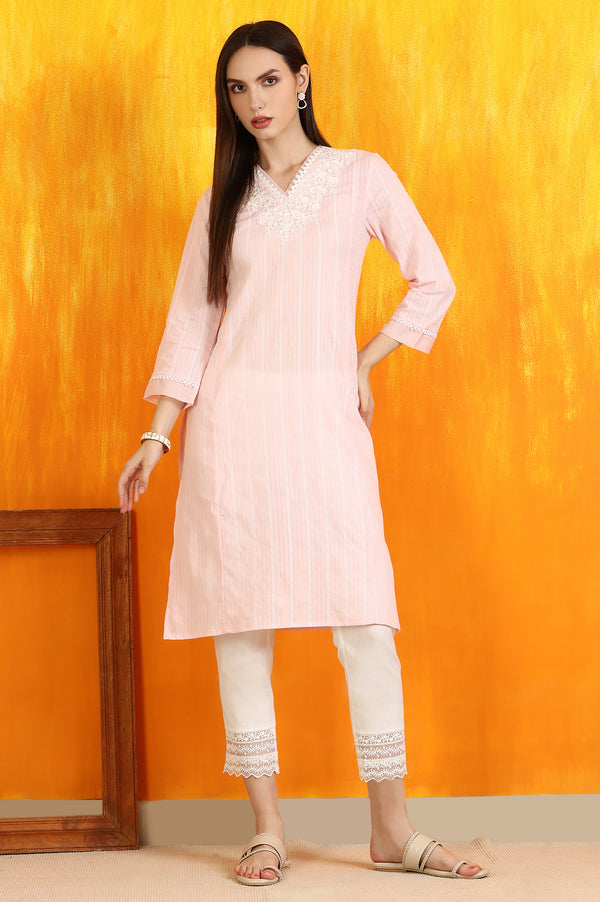 Light Pink Embroidered Cotton Lurex Straight Kurta