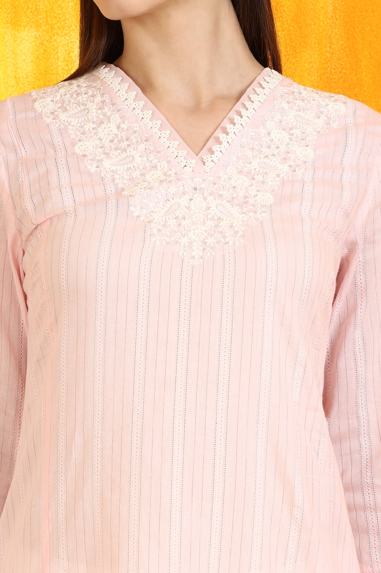 Light Pink Embroidered Cotton Lurex Straight Kurta
