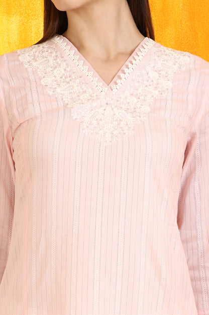 Light Pink Embroidered Cotton Lurex Straight Kurta