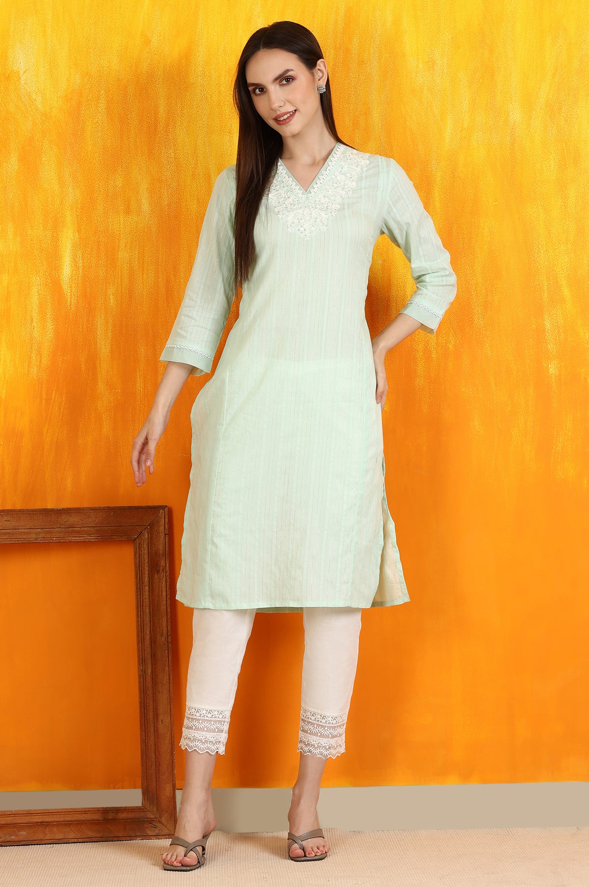 Mint Green Embroidered Cotton Lurex Stripes Straight Kurta - S