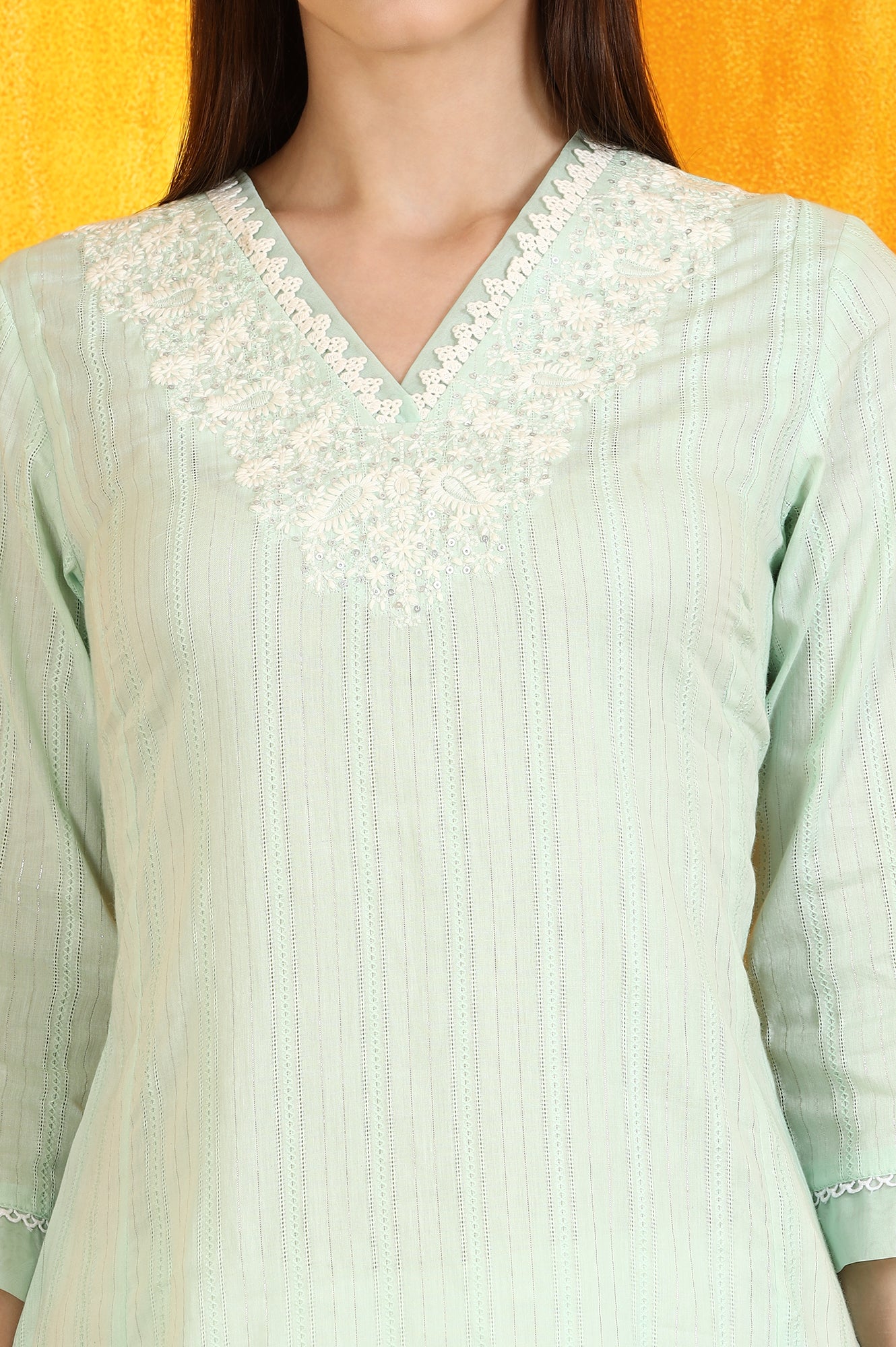 Mint Green Embroidered Cotton Lurex Stripes Straight Kurta