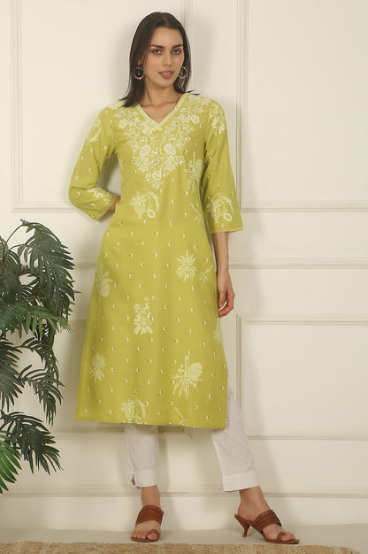 Green Floral Printed Rayon Straight Kurta with Embroidered Yoke