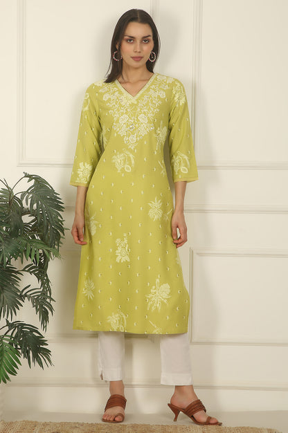 Green Floral Printed Rayon Straight Kurta with Embroidered Yoke